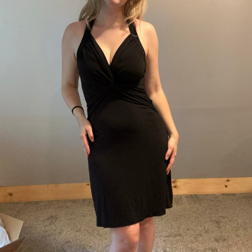 VTG Y2K black halter neck mini dress with ruched front detail